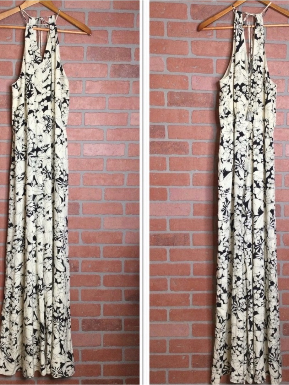 elevenses  Black & Cream silk anthropologie Floral Halter Jumpsuit